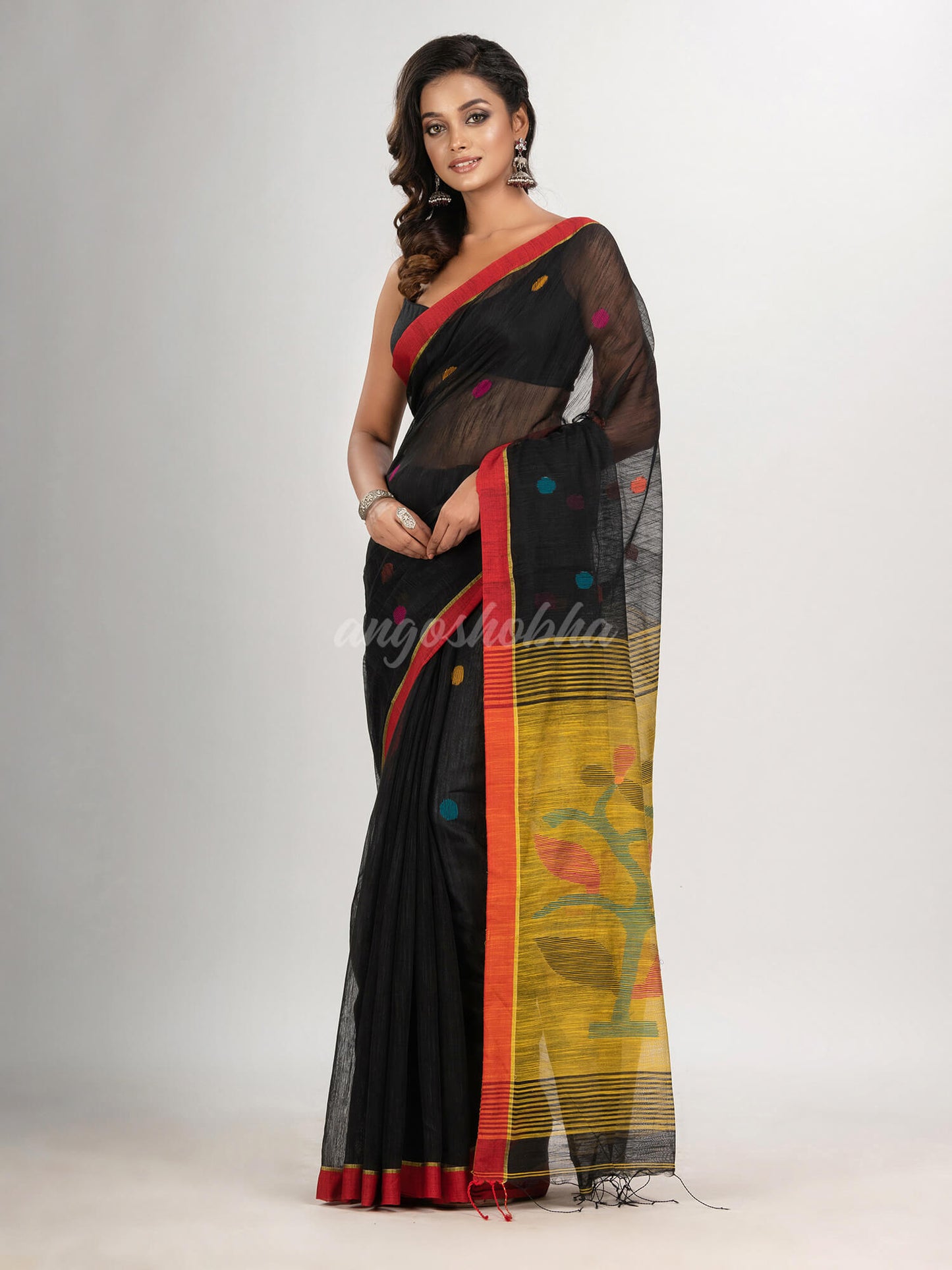 Black cotton blend all body buti with yellow pallu flower tree motive jamdani saree