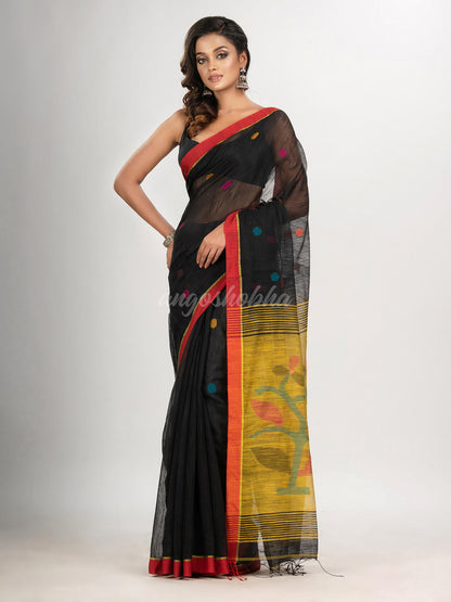 Black cotton blend all body buti with yellow pallu flower tree motive jamdani saree