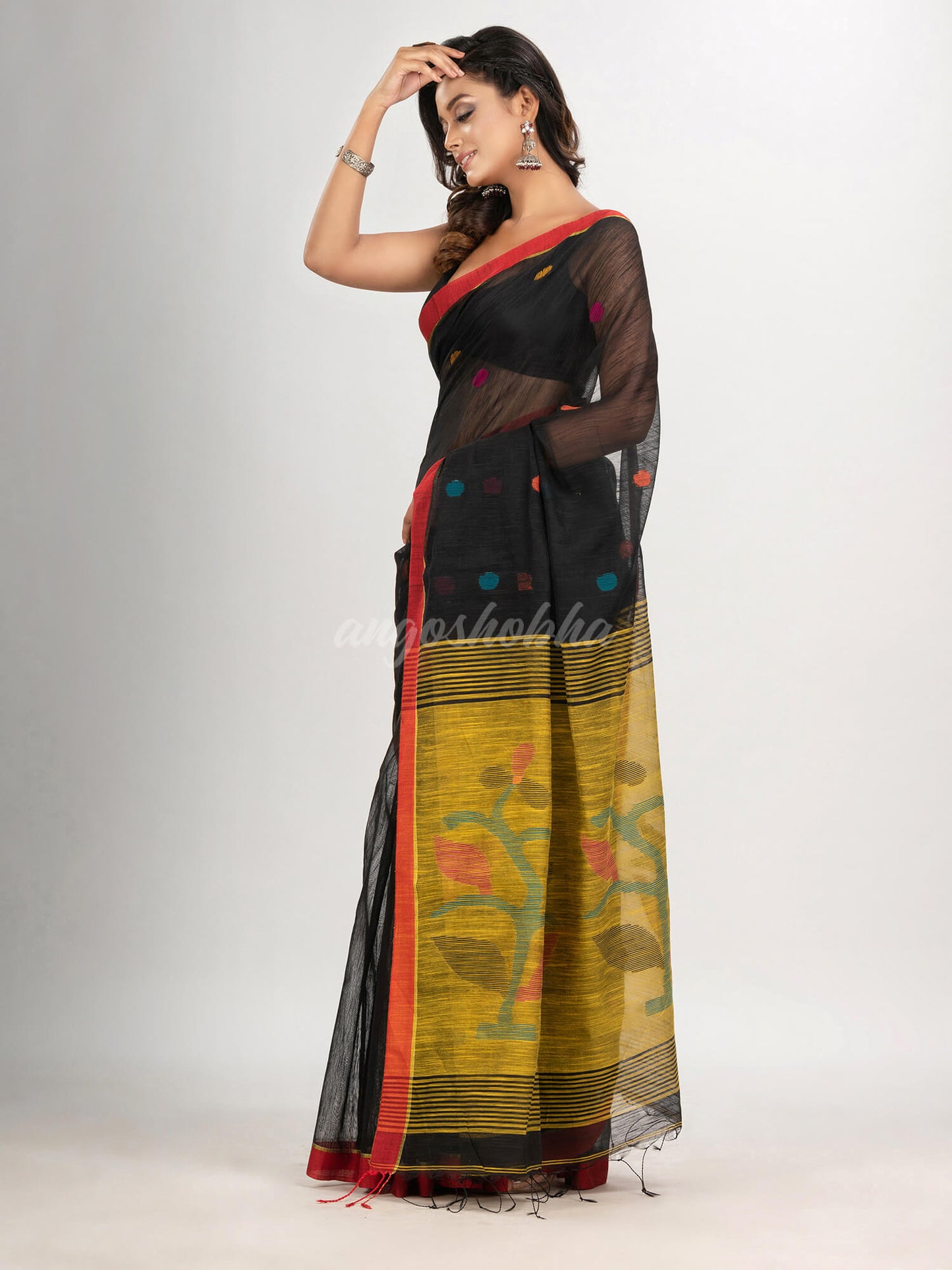 Black cotton blend all body buti with yellow pallu flower tree motive jamdani saree