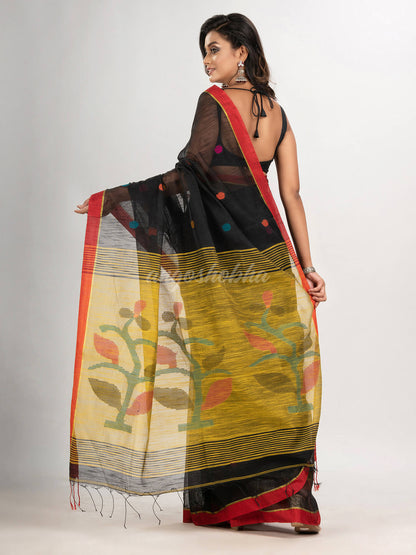 Black cotton blend all body buti with yellow pallu flower tree motive jamdani saree