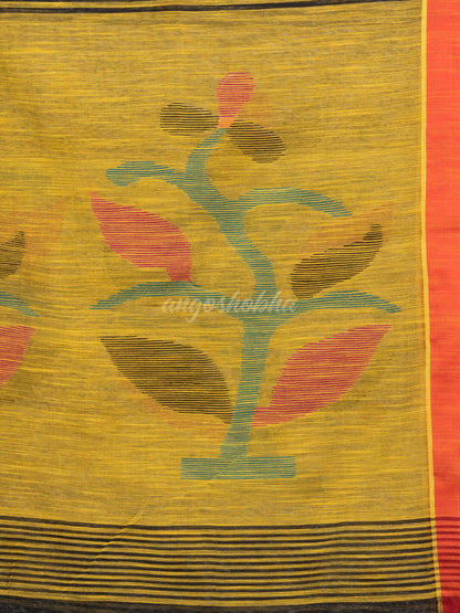 Black cotton blend all body buti with yellow pallu flower tree motive jamdani saree