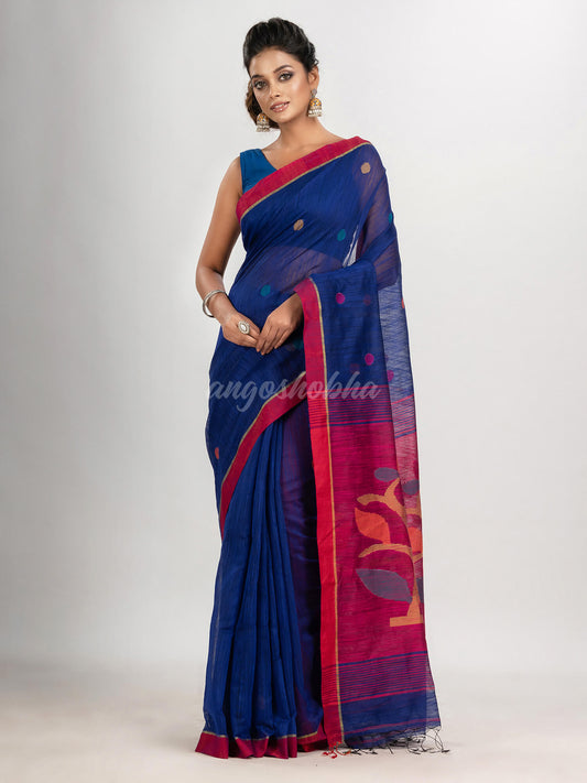 Royal blue cotton blend all body buti with rani pallu flower tree motive jamdani saree