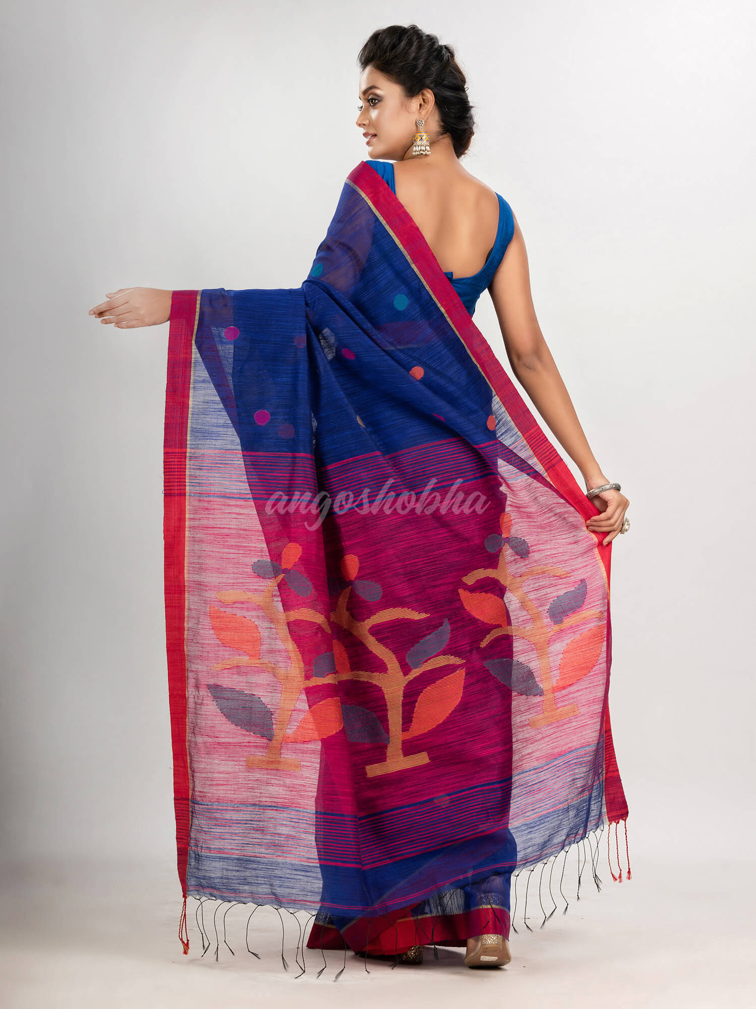 Royal blue cotton blend all body buti with rani pallu flower tree motive jamdani saree