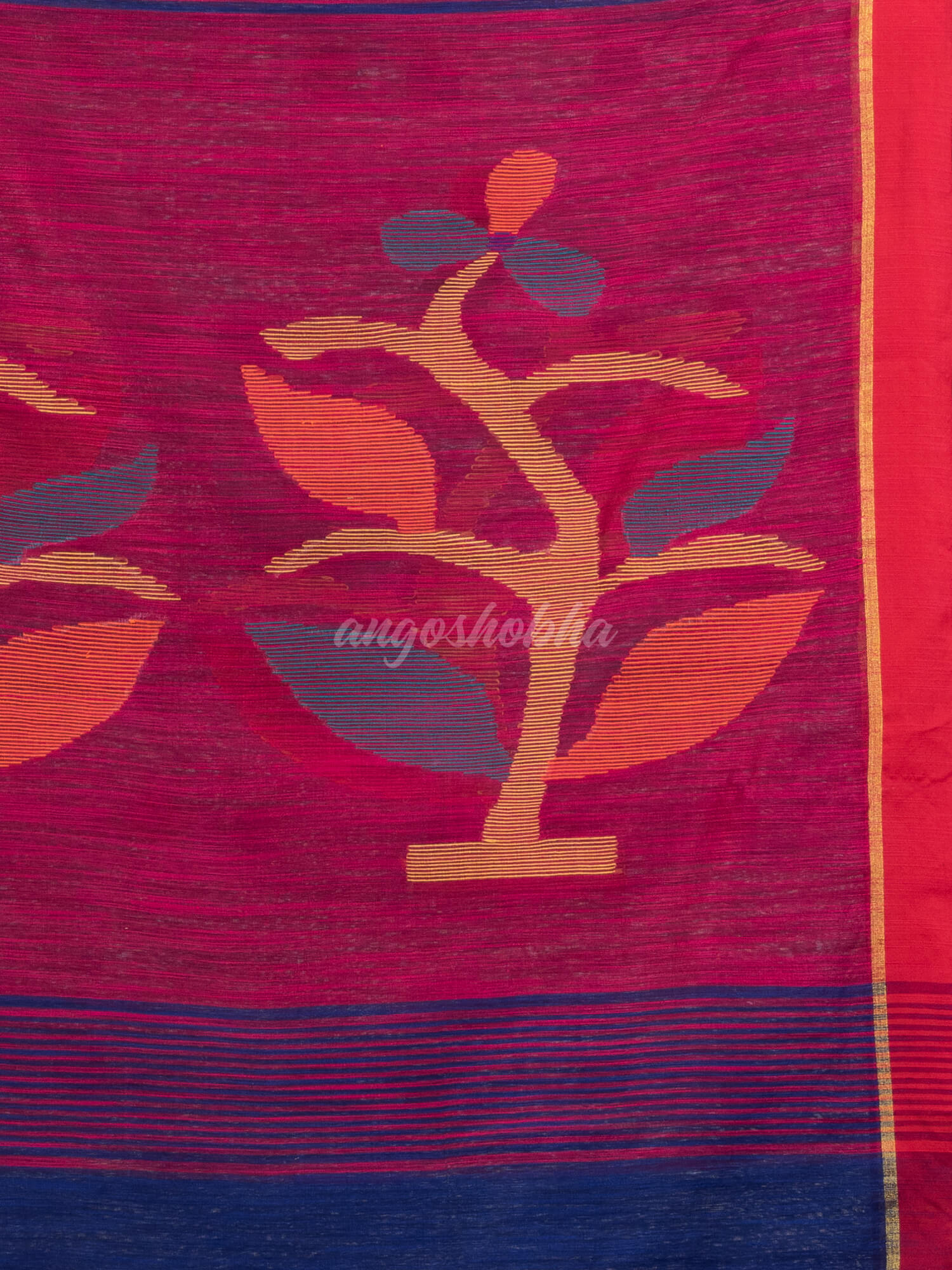 Royal blue cotton blend all body buti with rani pallu flower tree motive jamdani saree