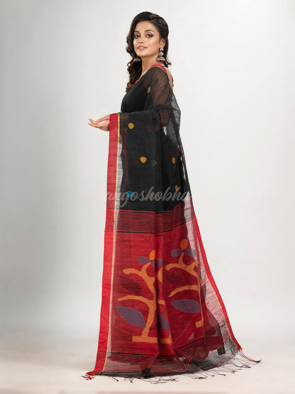 Black cotton blend all body buti with red pallu flower tree motive jamdani saree