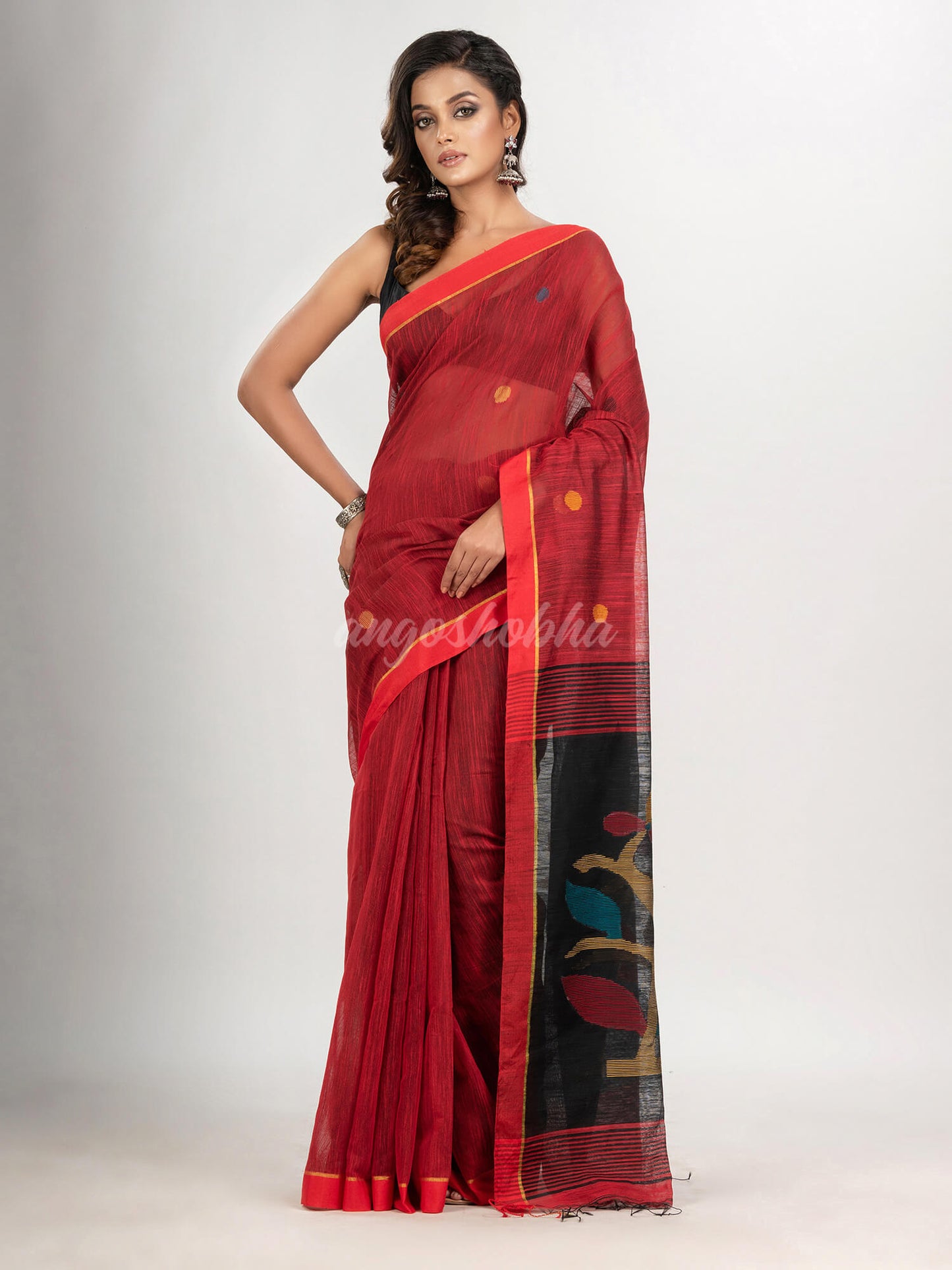 Red cotton blend all body buti with black pallu flower tree motive jamdani saree