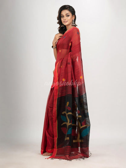 Red cotton blend all body buti with black pallu flower tree motive jamdani saree