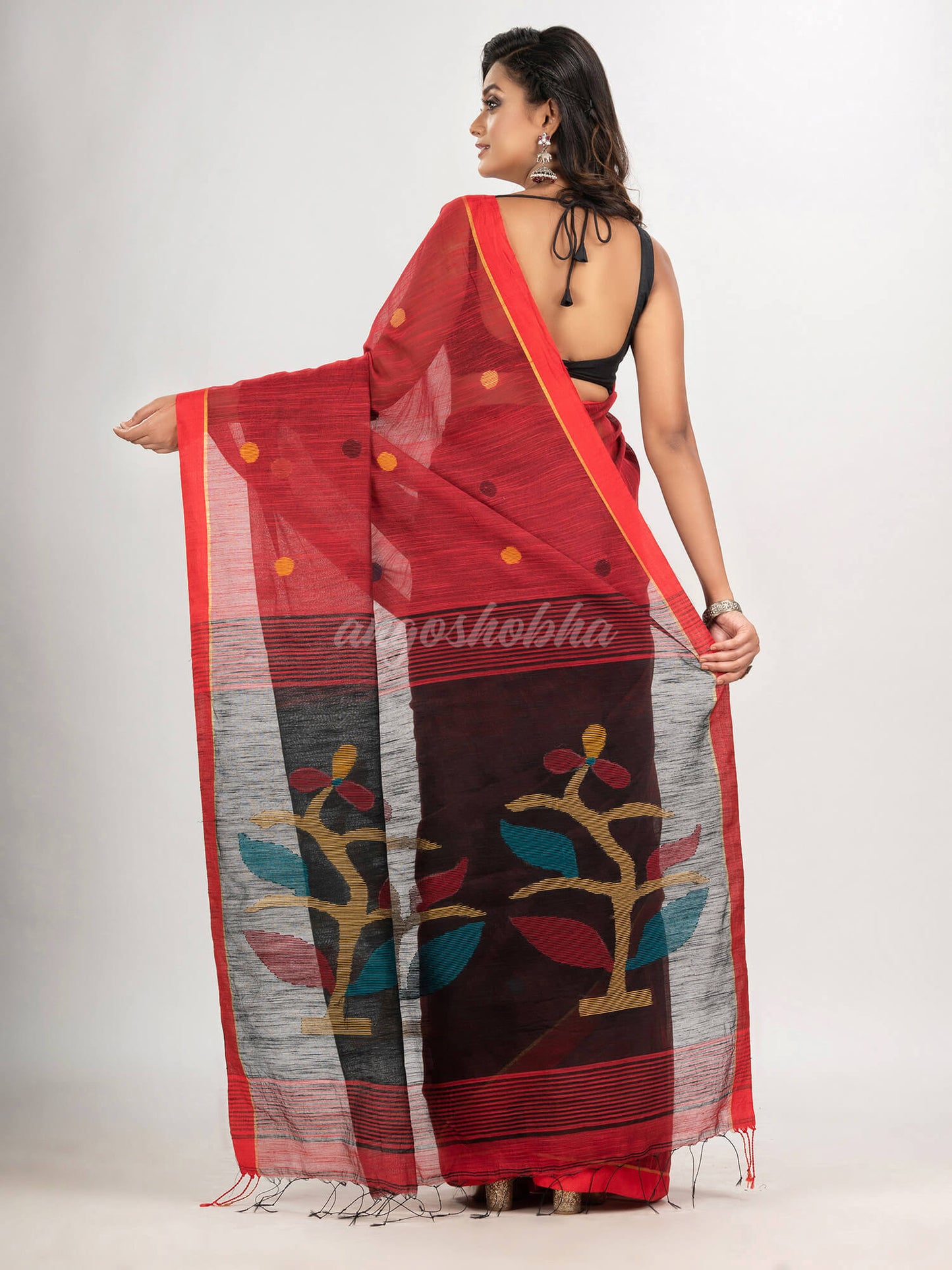 Red cotton blend all body buti with black pallu flower tree motive jamdani saree