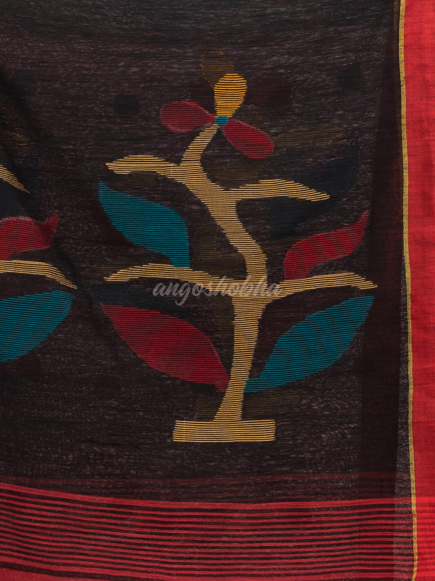 Red cotton blend all body buti with black pallu flower tree motive jamdani saree