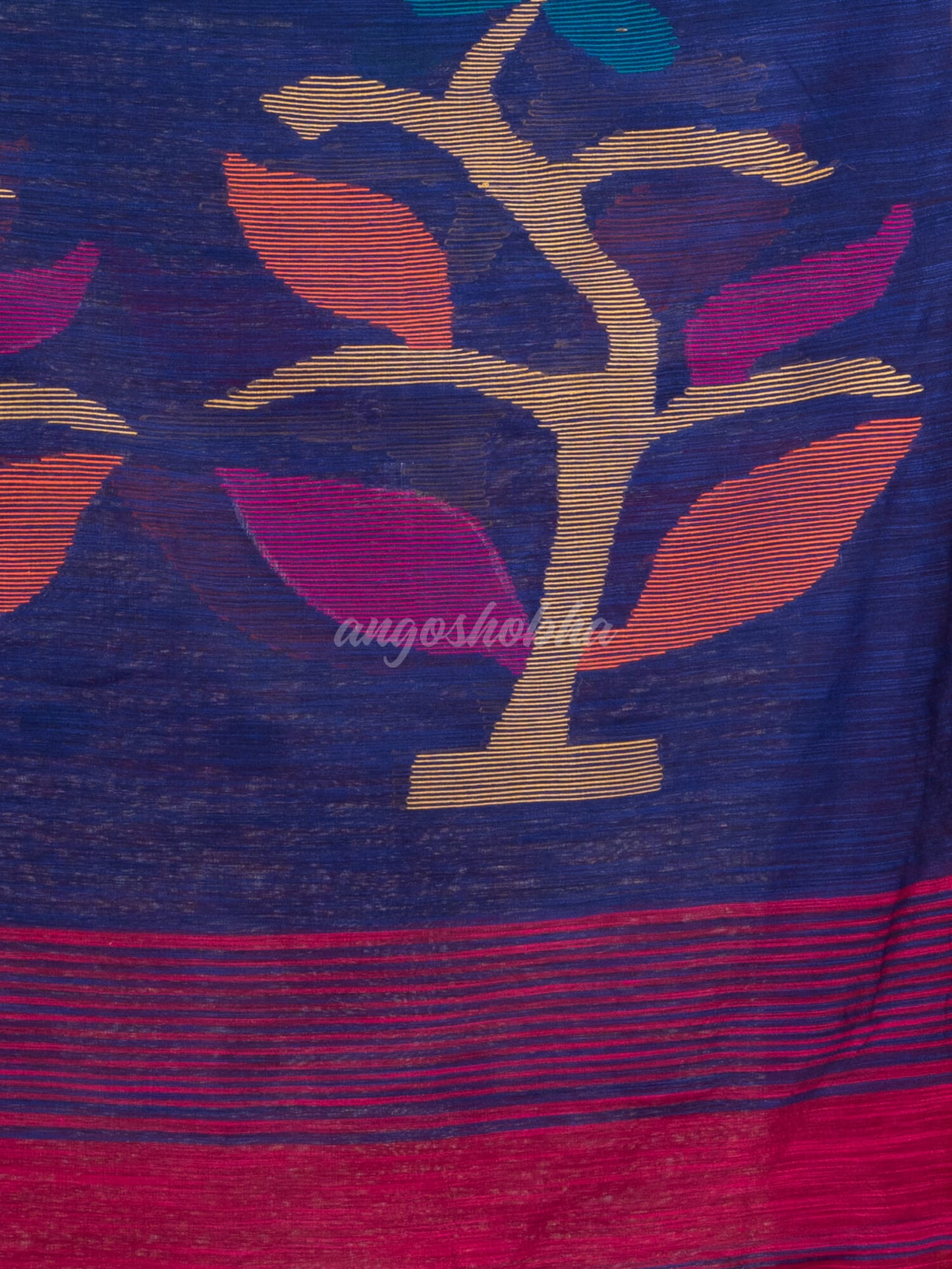 Rani cotton blend all body buti with blue pallu flower tree motive jamdani saree