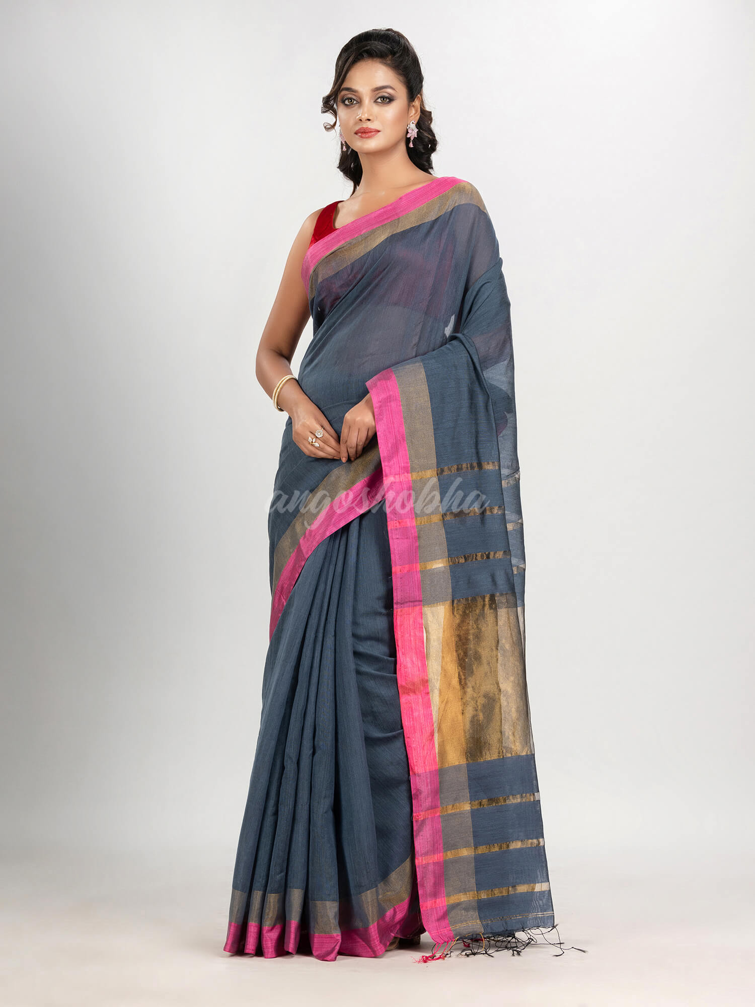 Steel grey cotton blend handloom saree