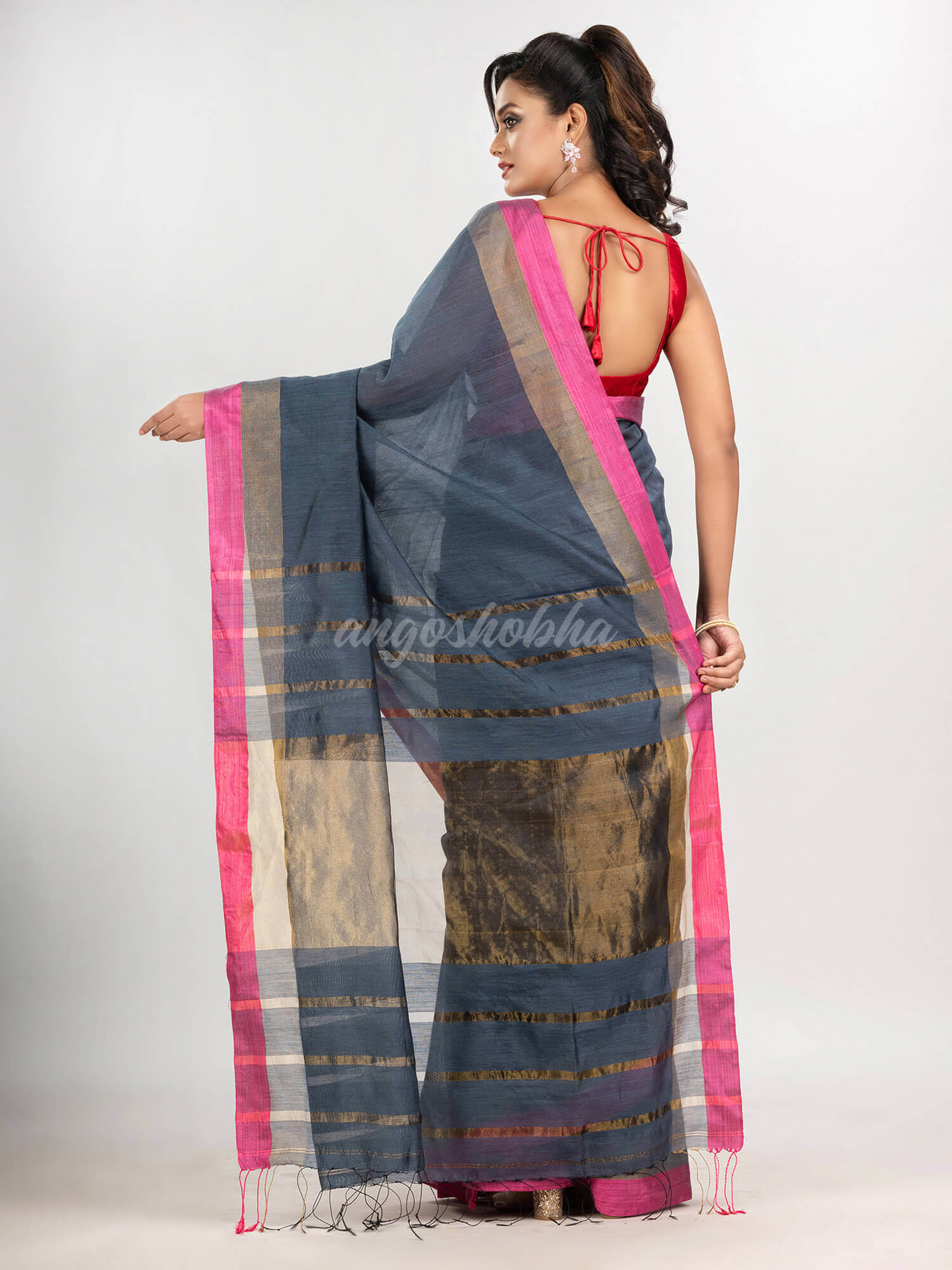 Steel grey cotton blend handloom saree