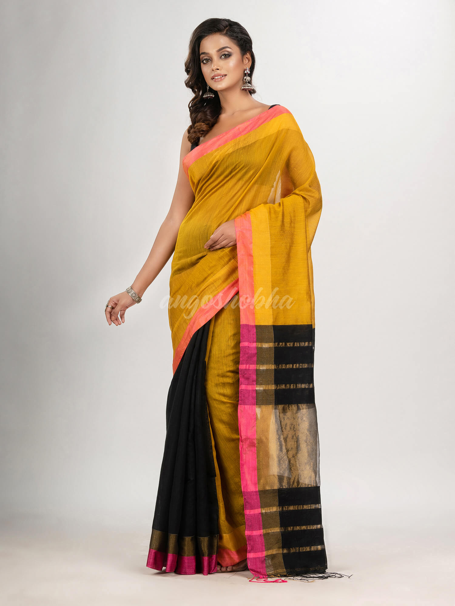 Yellow & black cotton blend handloom saree