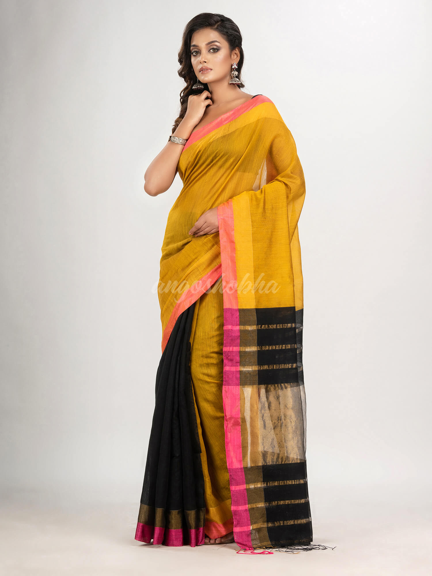 Yellow & black cotton blend handloom saree