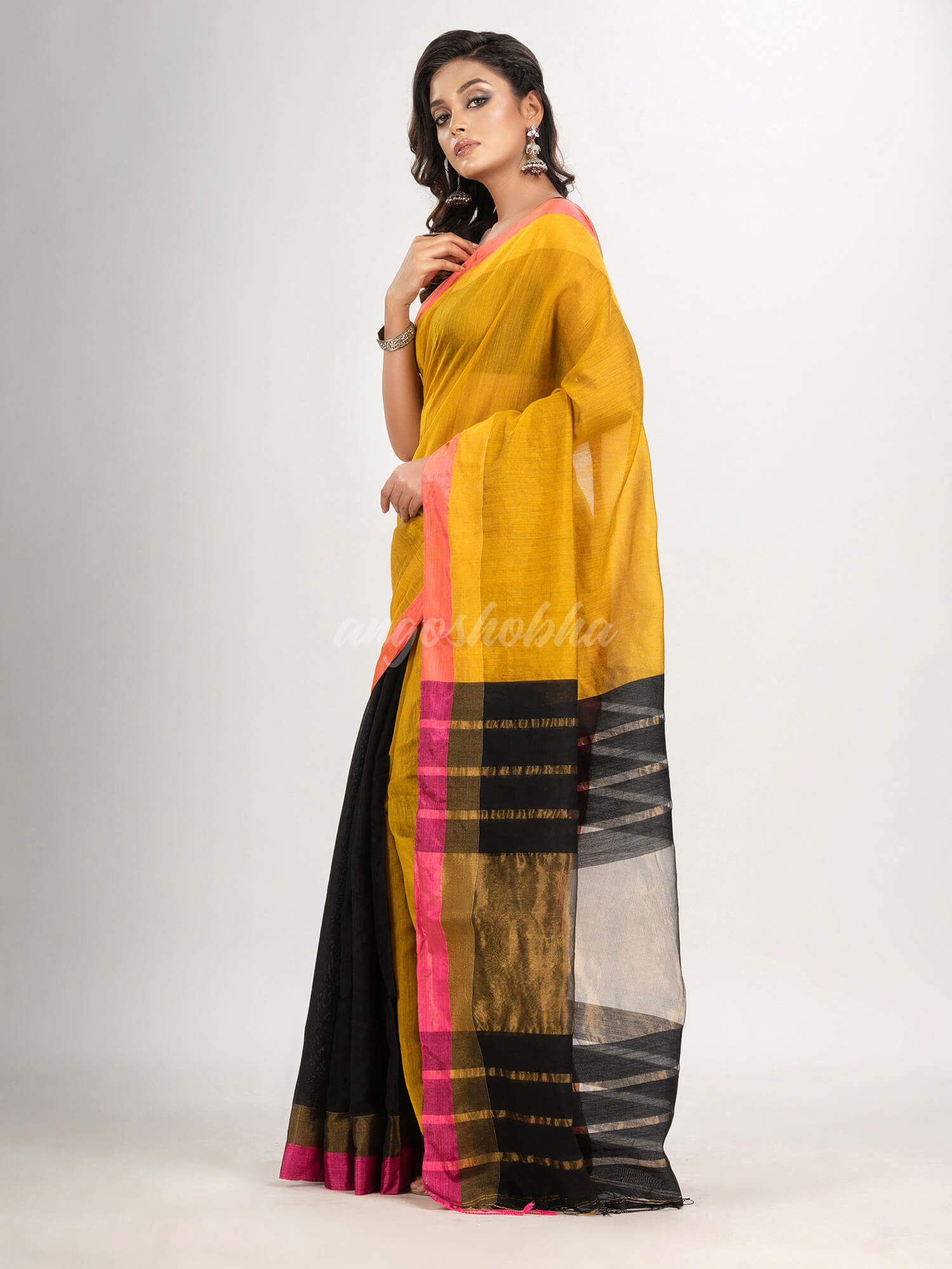 Yellow & black cotton blend handloom saree