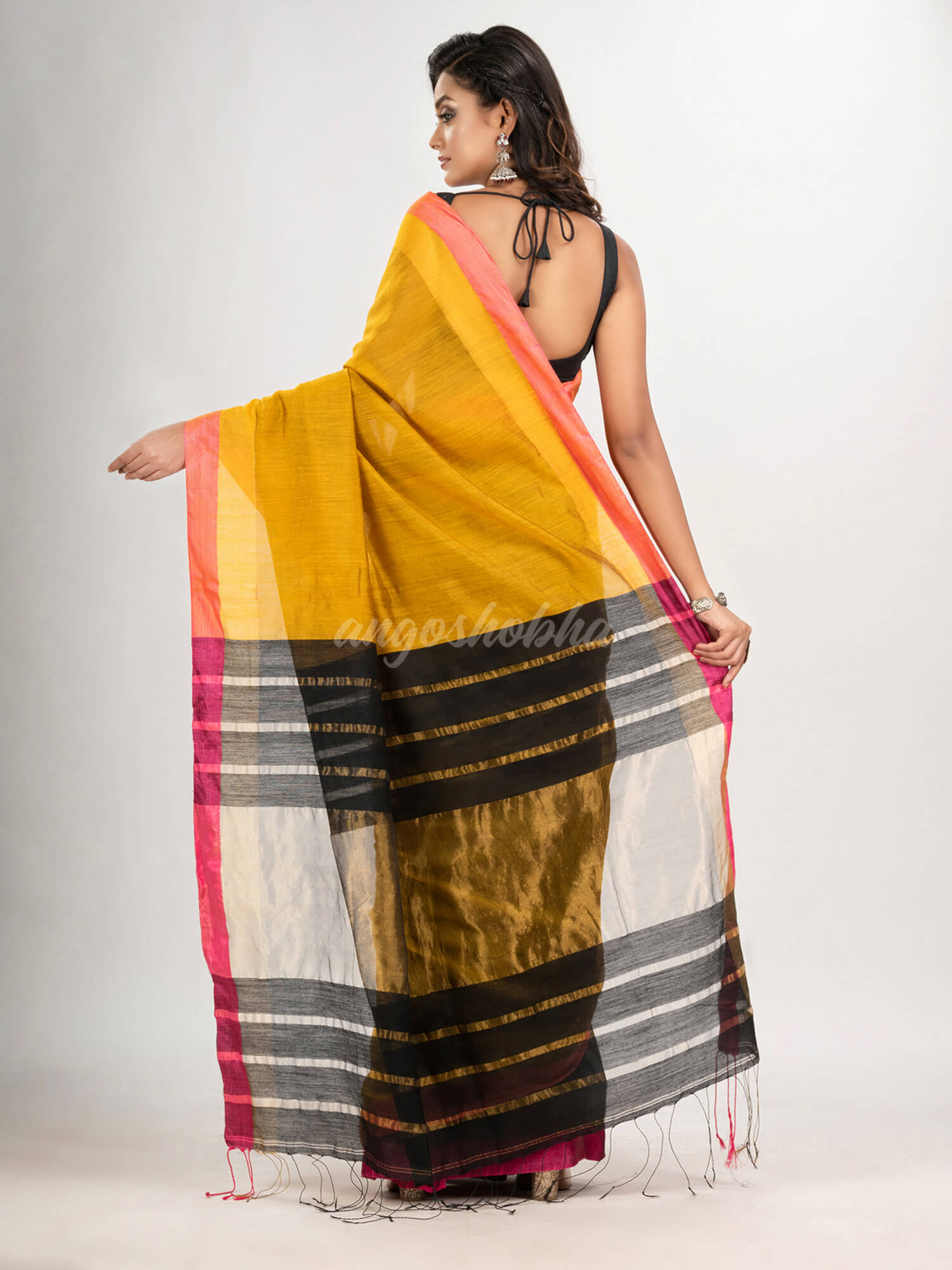 Yellow & black cotton blend handloom saree