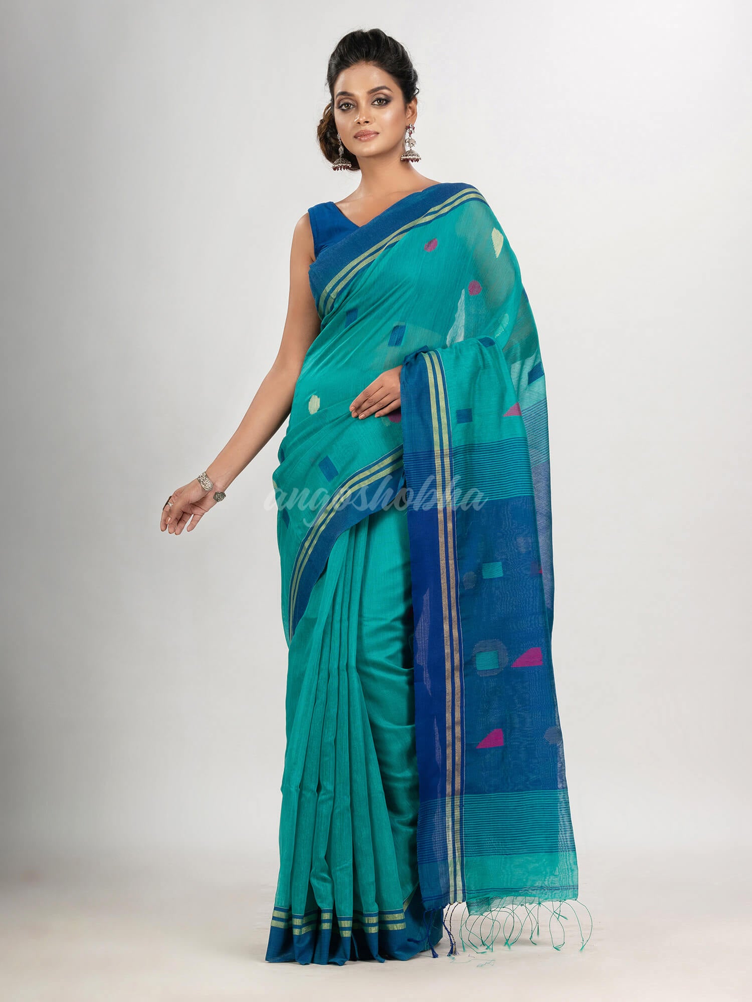Turquoise cotton blend all body boll motive with blue pallu jamdani saree