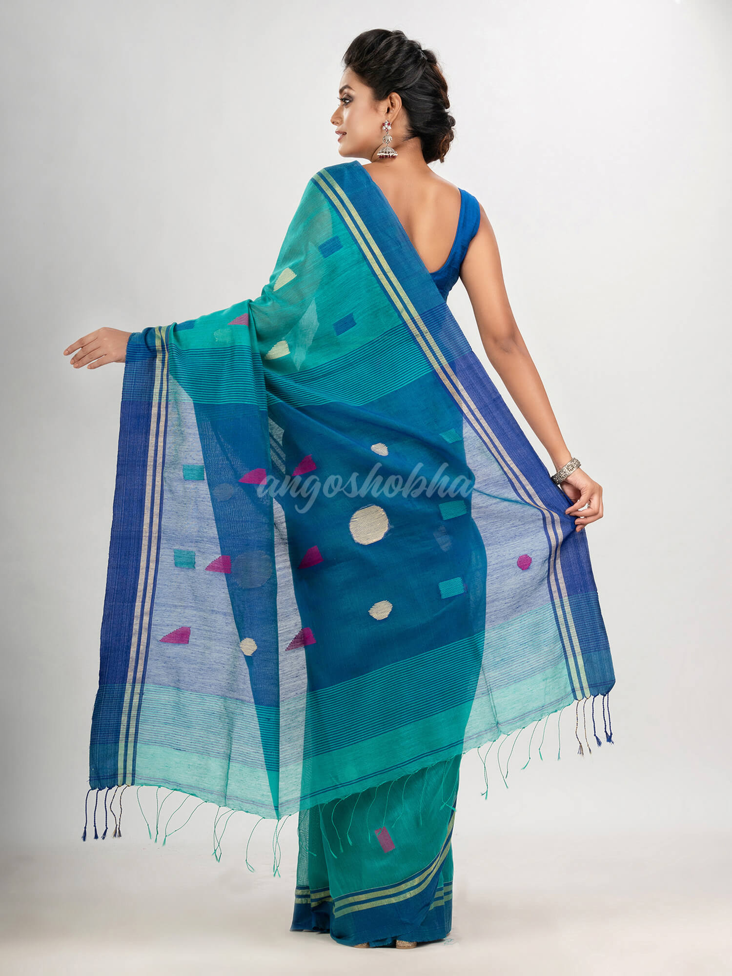 Turquoise cotton blend all body boll motive with blue pallu jamdani saree