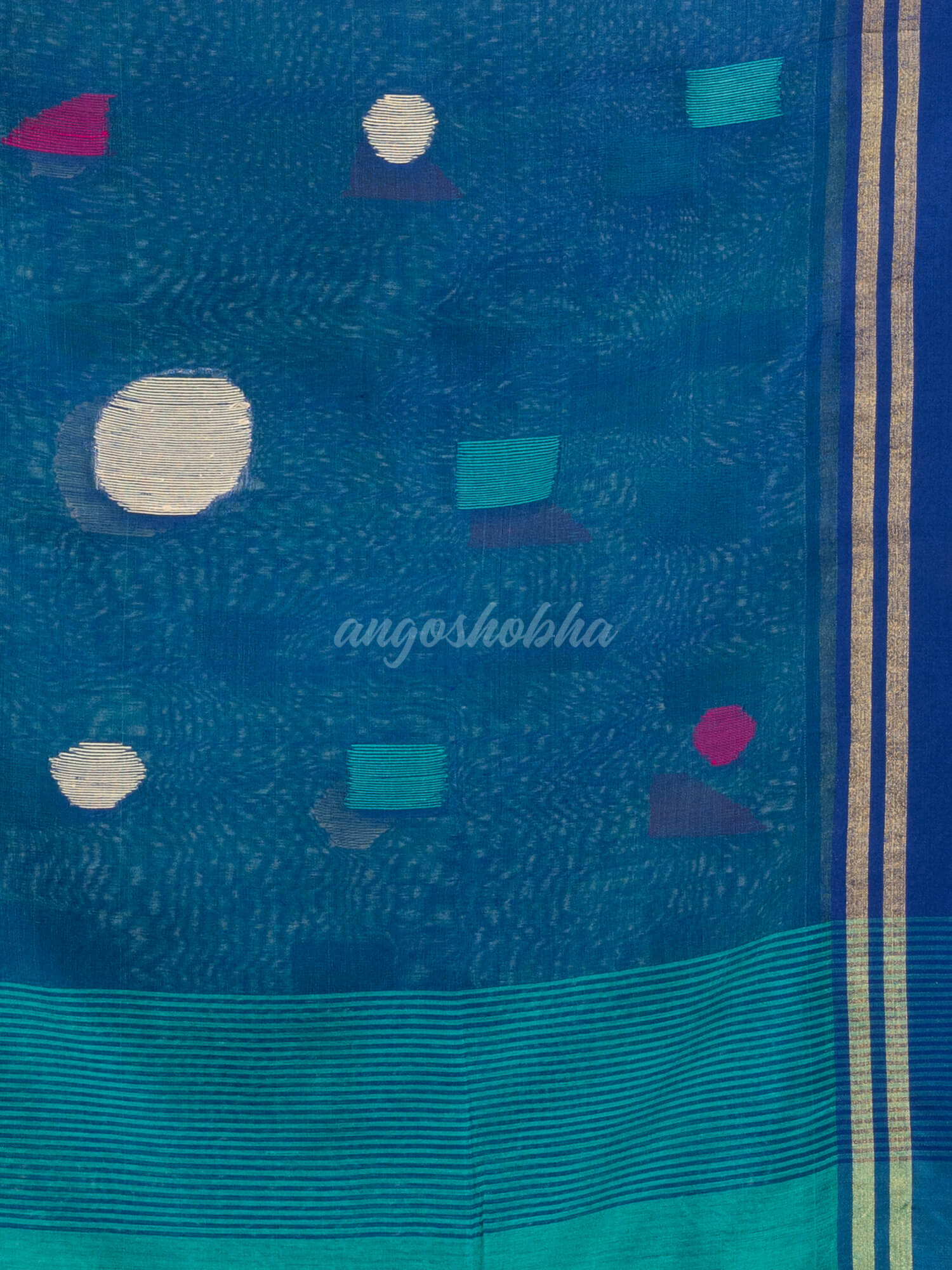 Turquoise cotton blend all body boll motive with blue pallu jamdani saree