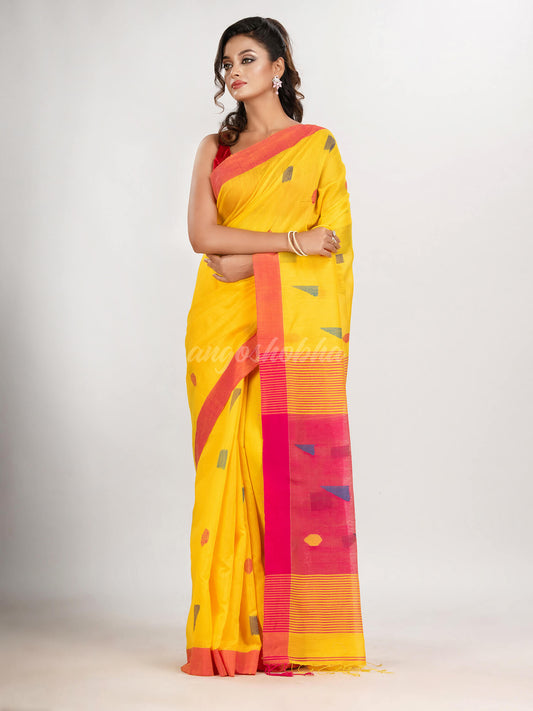 Yellow cotton blend all body boll motive with rani pallu jamdani saree