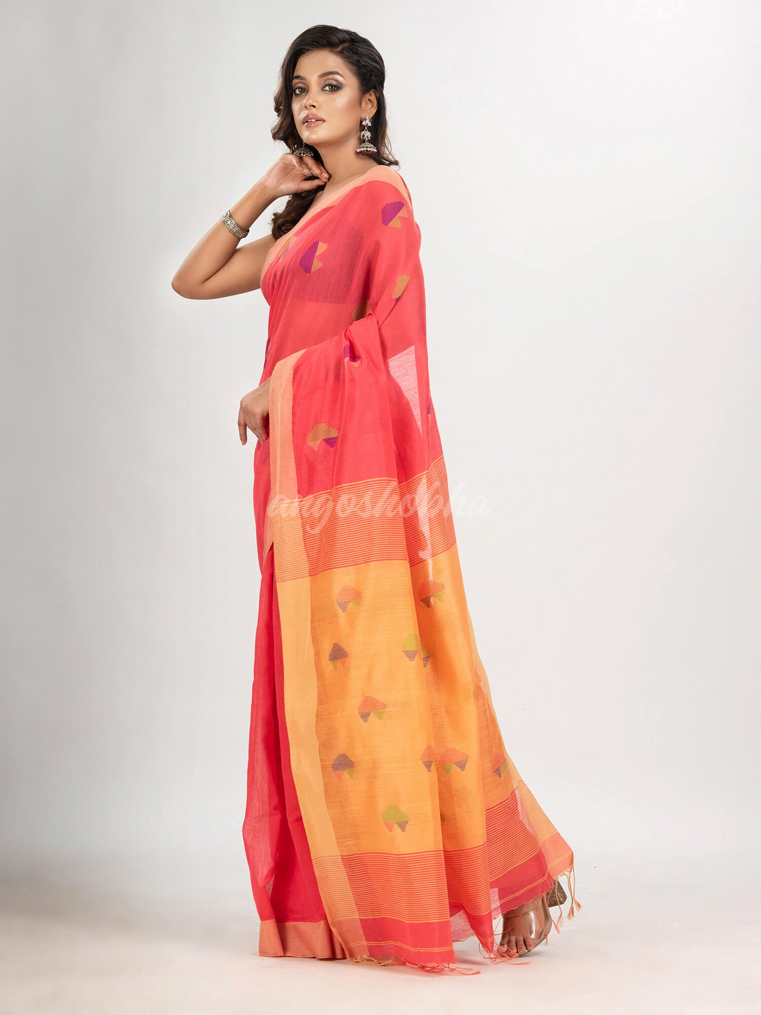 pastel red cotton blend all body love motive with light yellow pallu jamdani saree