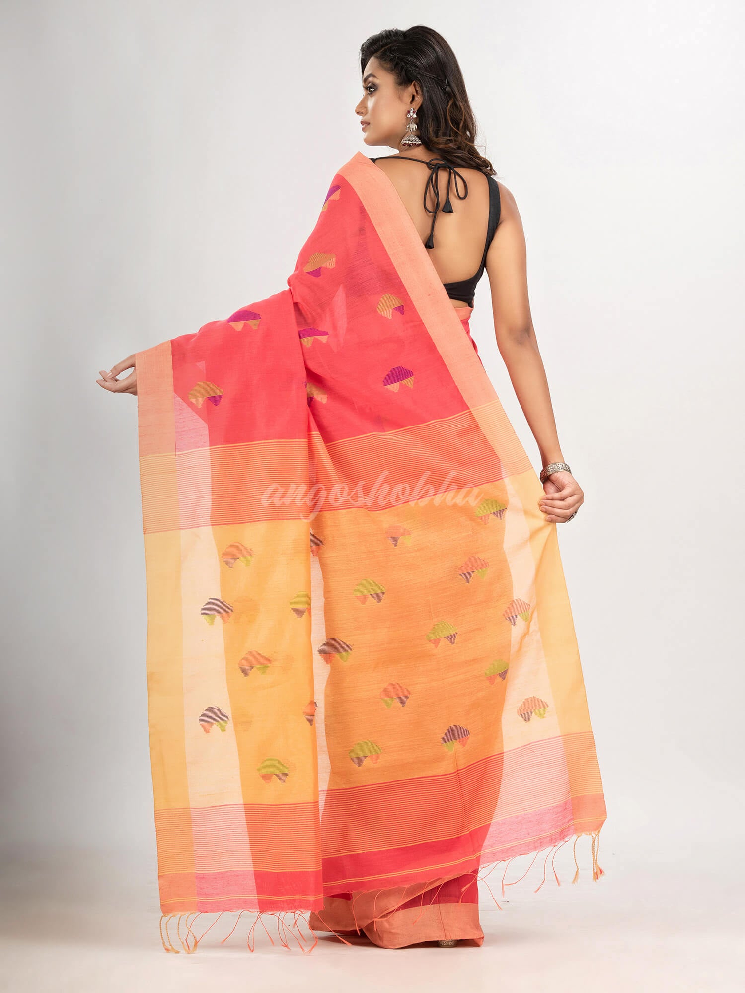 pastel red cotton blend all body love motive with light yellow pallu jamdani saree