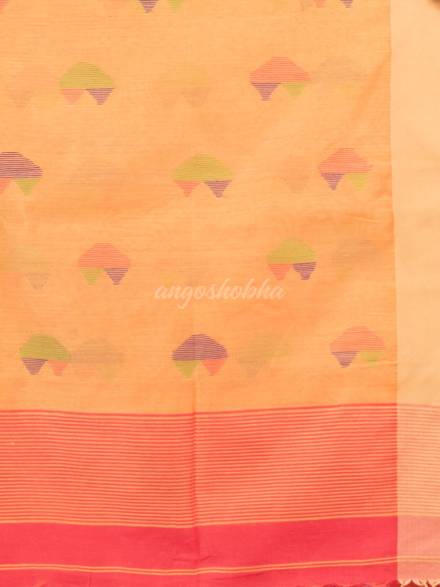 pastel red cotton blend all body love motive with light yellow pallu jamdani saree