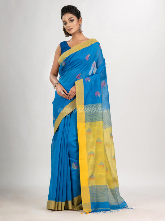 Auqa blue cotton blend all body love motive with yellow pallu jamdani saree