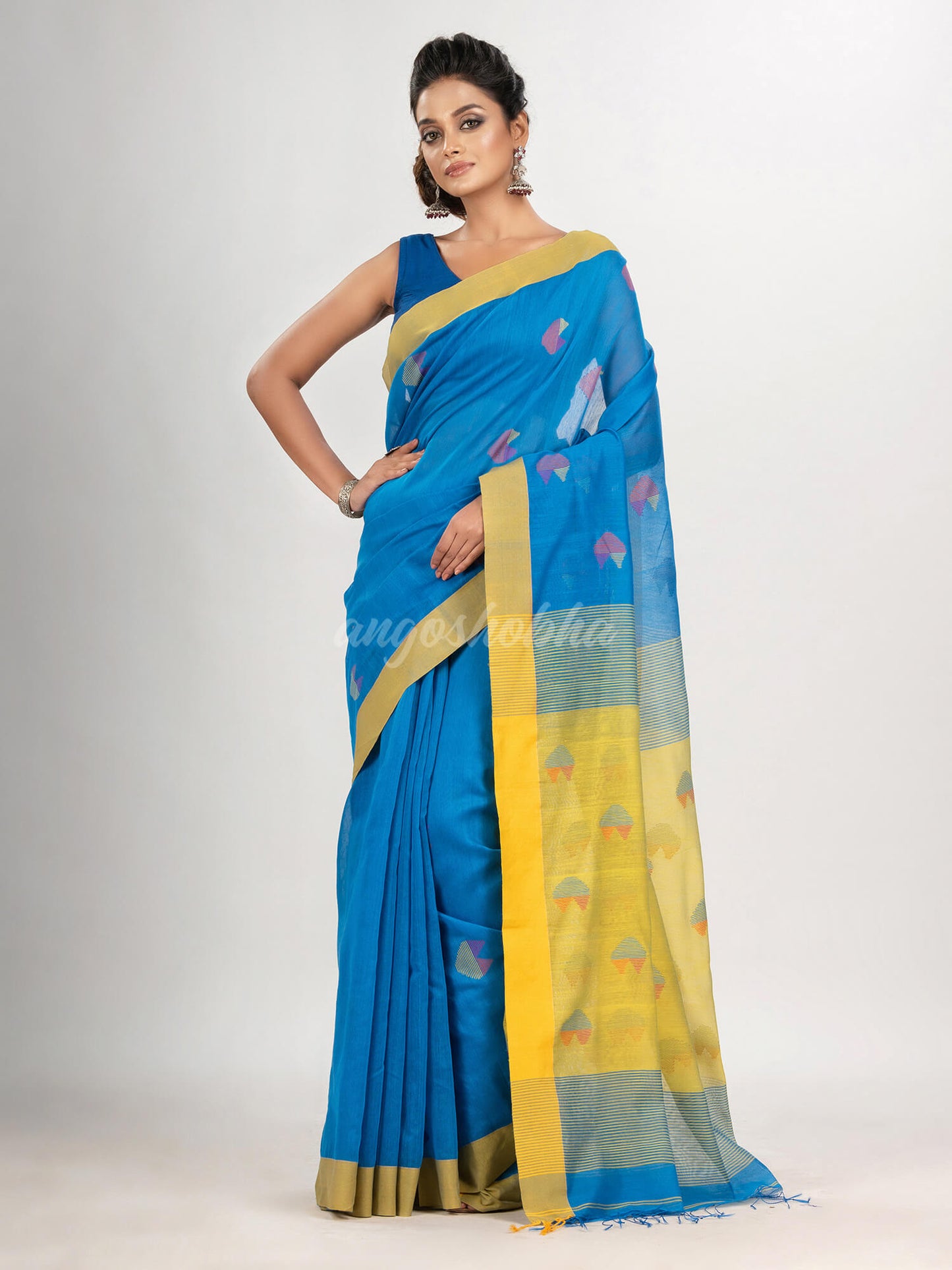 Auqa blue cotton blend all body love motive with yellow pallu jamdani saree