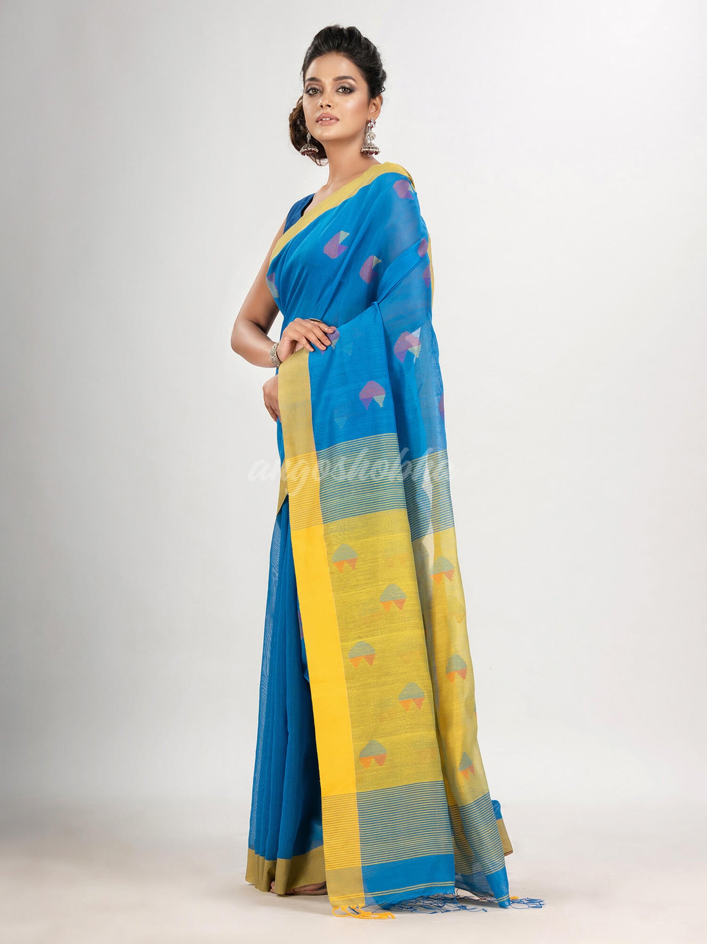 Auqa blue cotton blend all body love motive with yellow pallu jamdani saree