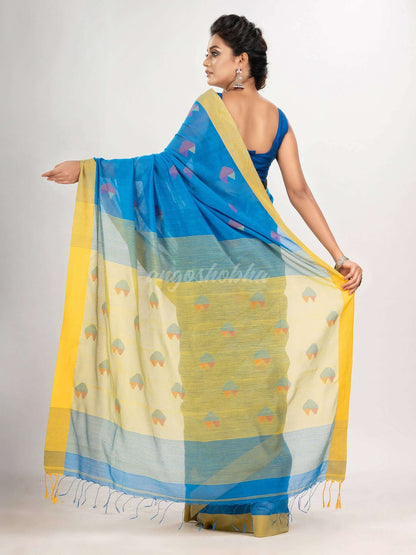 Auqa blue cotton blend all body love motive with yellow pallu jamdani saree