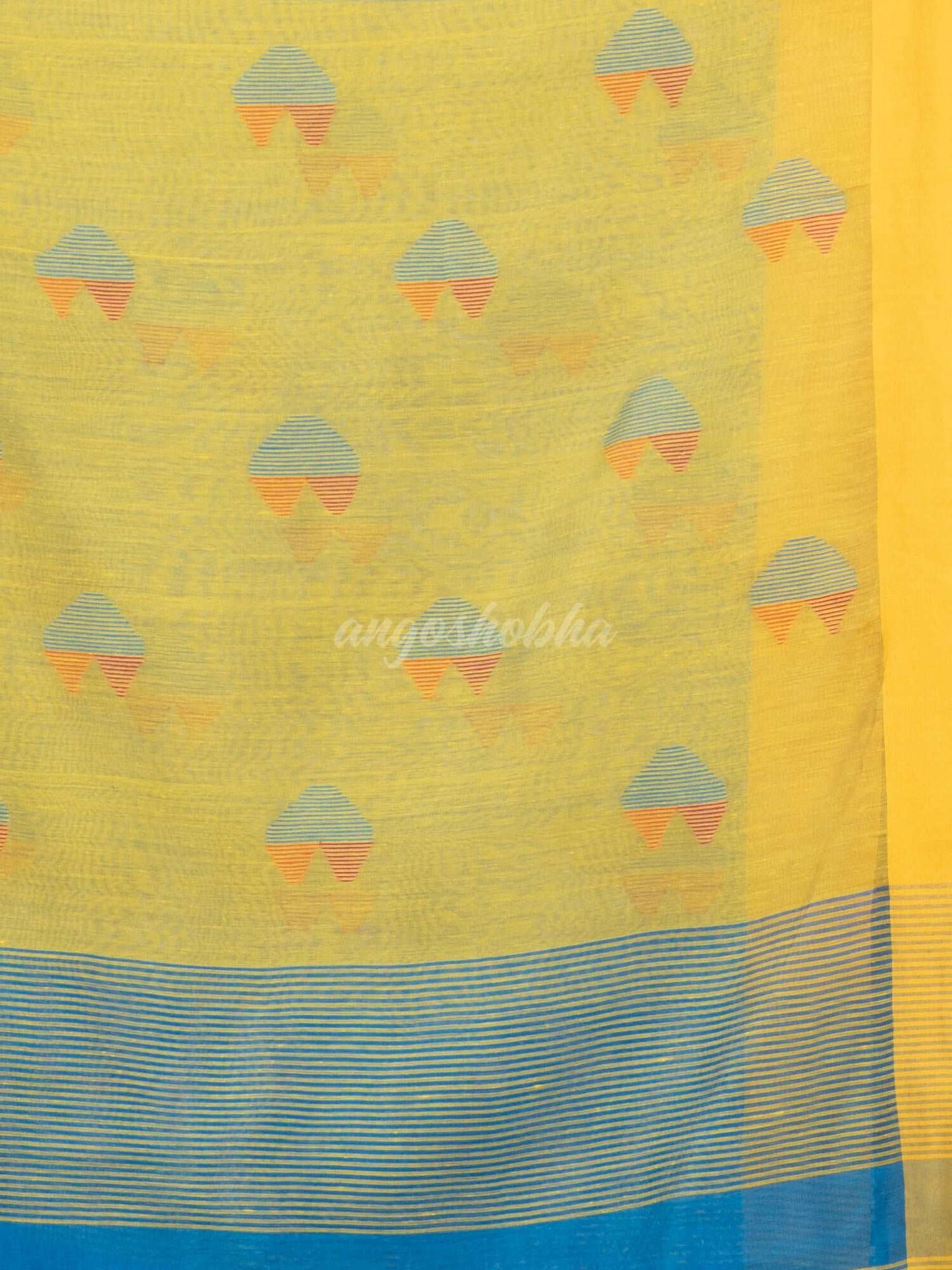 Auqa blue cotton blend all body love motive with yellow pallu jamdani saree