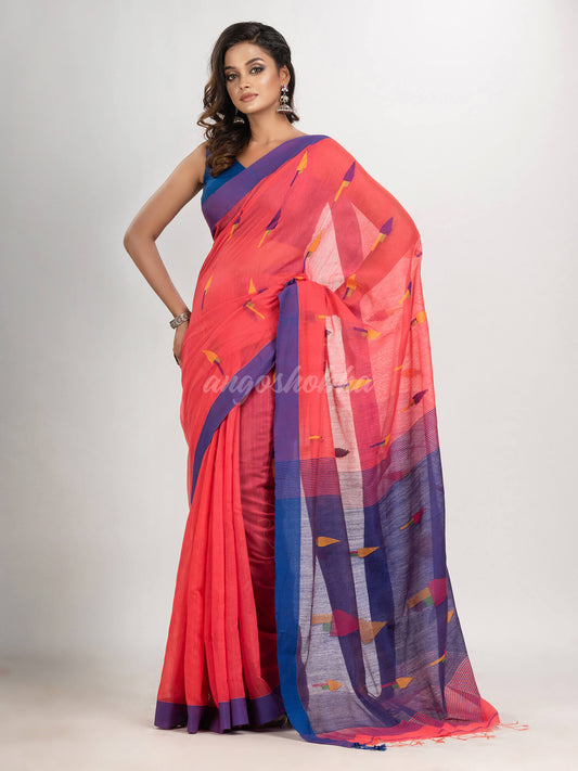 Pastel red cotton blend all body arrow motive with blue pallu jamdani saree