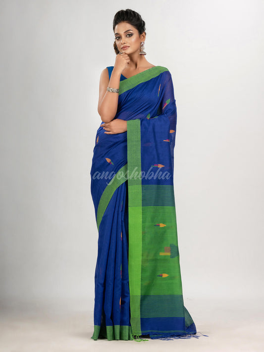 Royal blue cotton blend all body arrow motive with green pallu jamdani saree