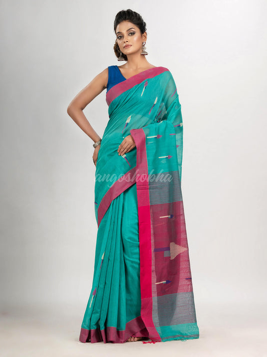 Turquoise cotton blend all body arrow motive with pink pallu jamdani saree