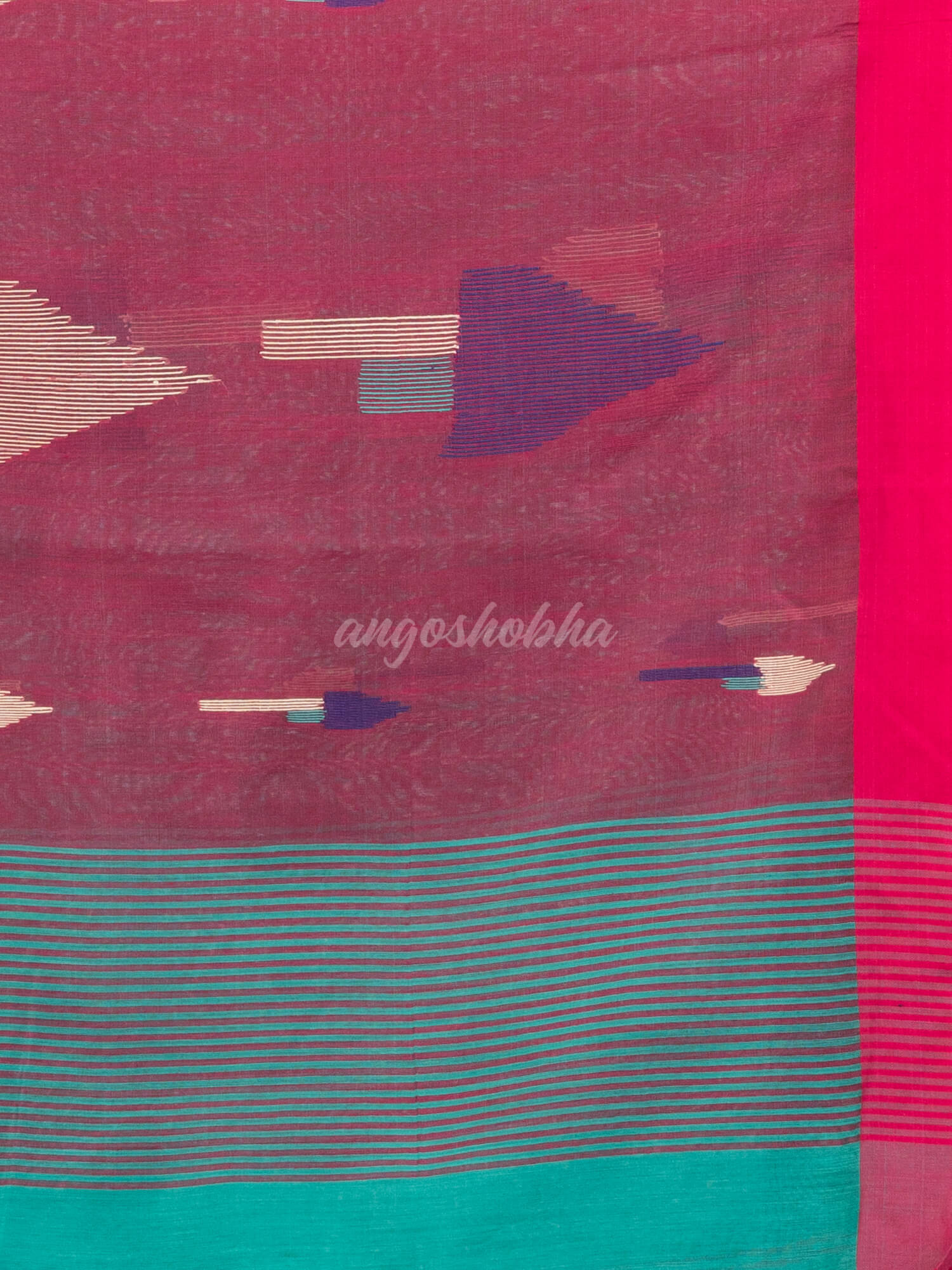 Turquoise cotton blend all body arrow motive with pink pallu jamdani saree