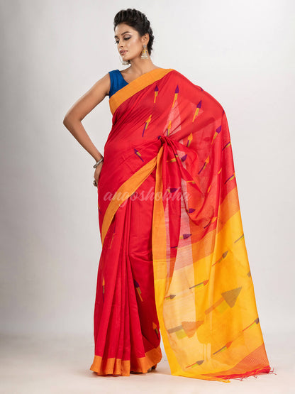 Red cotton blend all body arrow motive with Yellow pallu jamdani saree