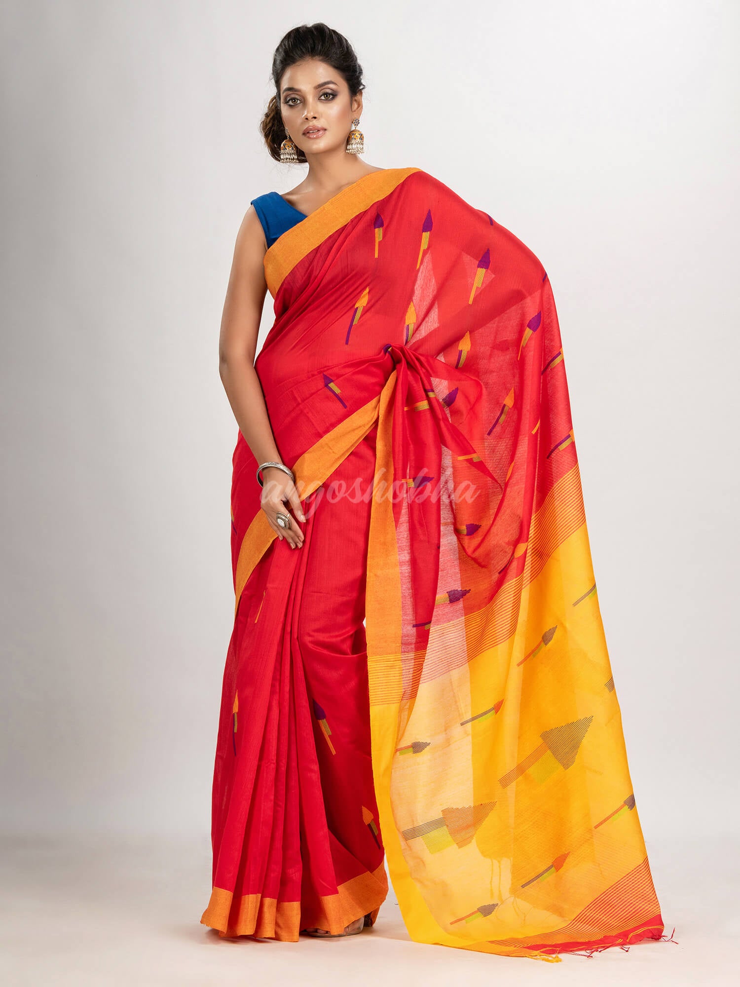 Red cotton blend all body arrow motive with Yellow pallu jamdani saree