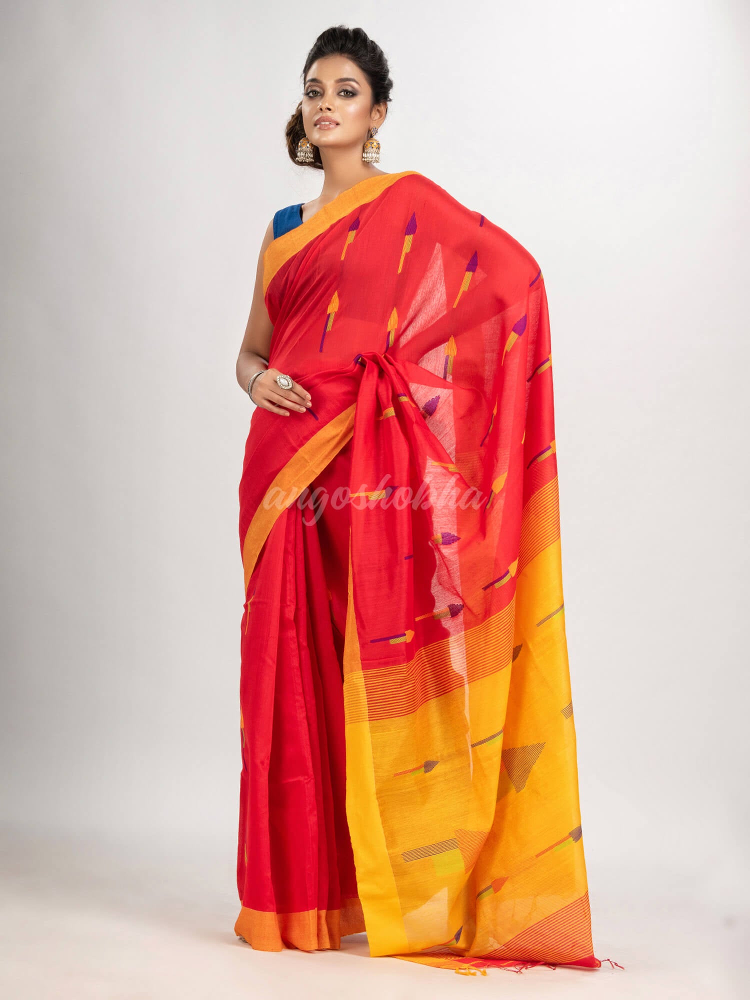 Red cotton blend all body arrow motive with Yellow pallu jamdani saree