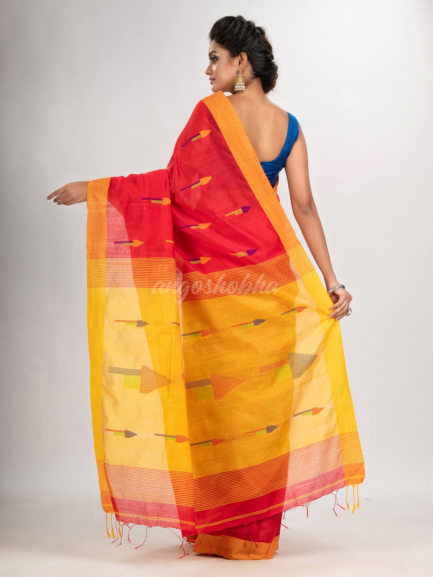Red cotton blend all body arrow motive with Yellow pallu jamdani saree