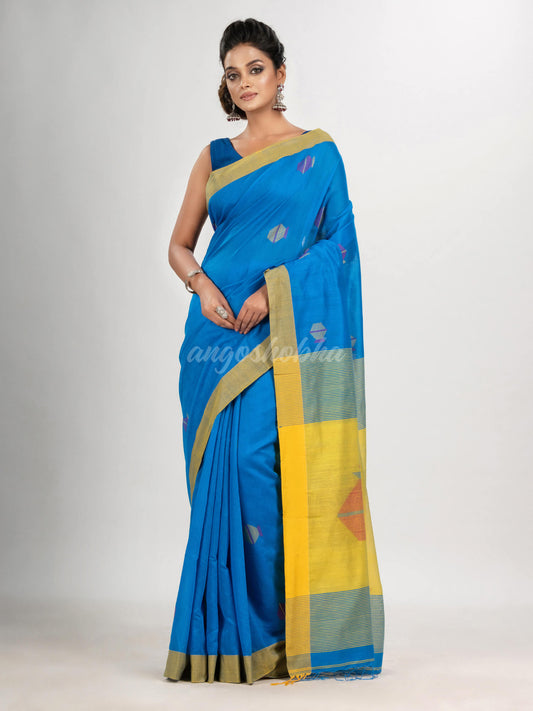 Auqa blue cotton blend all body noddle motive with yellow pallu jamdani saree