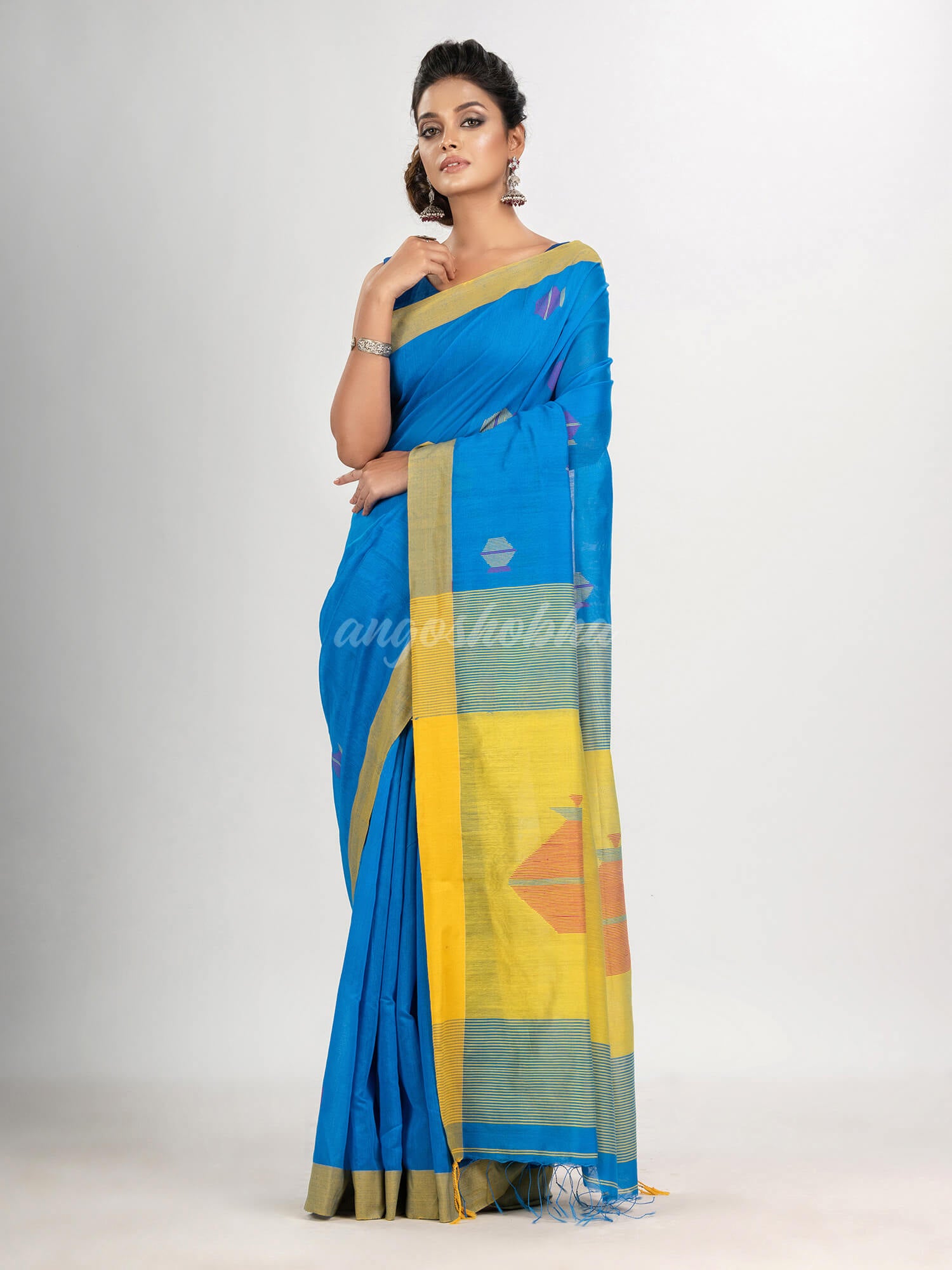 Auqa blue cotton blend all body noddle motive with yellow pallu jamdani saree