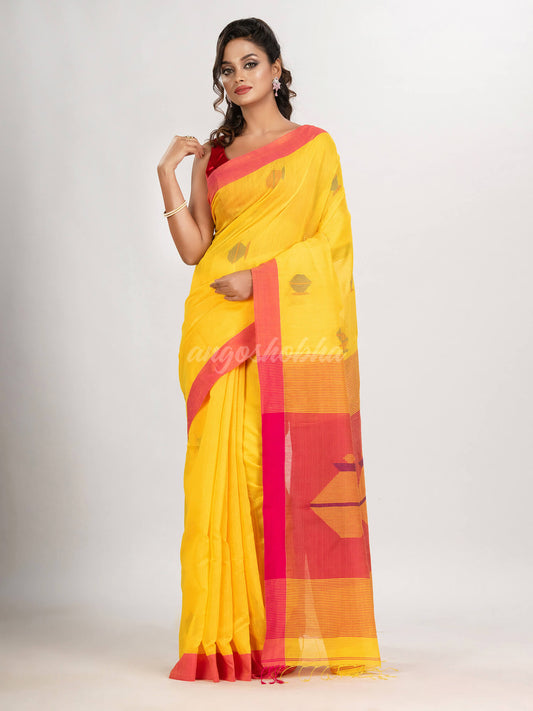 Yellow cotton blend all body noddle motive with pink pallu jamdani saree