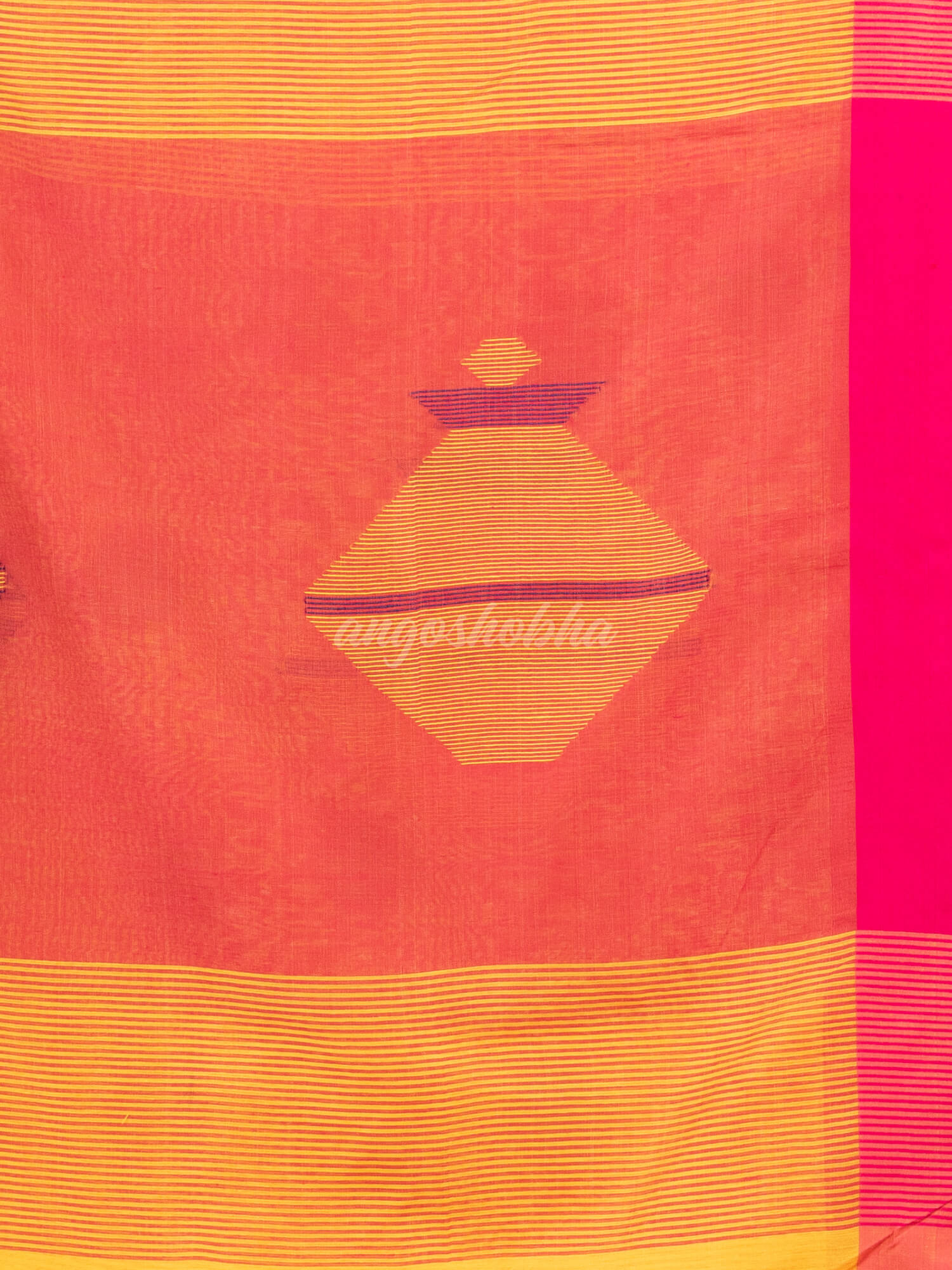 Yellow cotton blend all body noddle motive with pink pallu jamdani saree