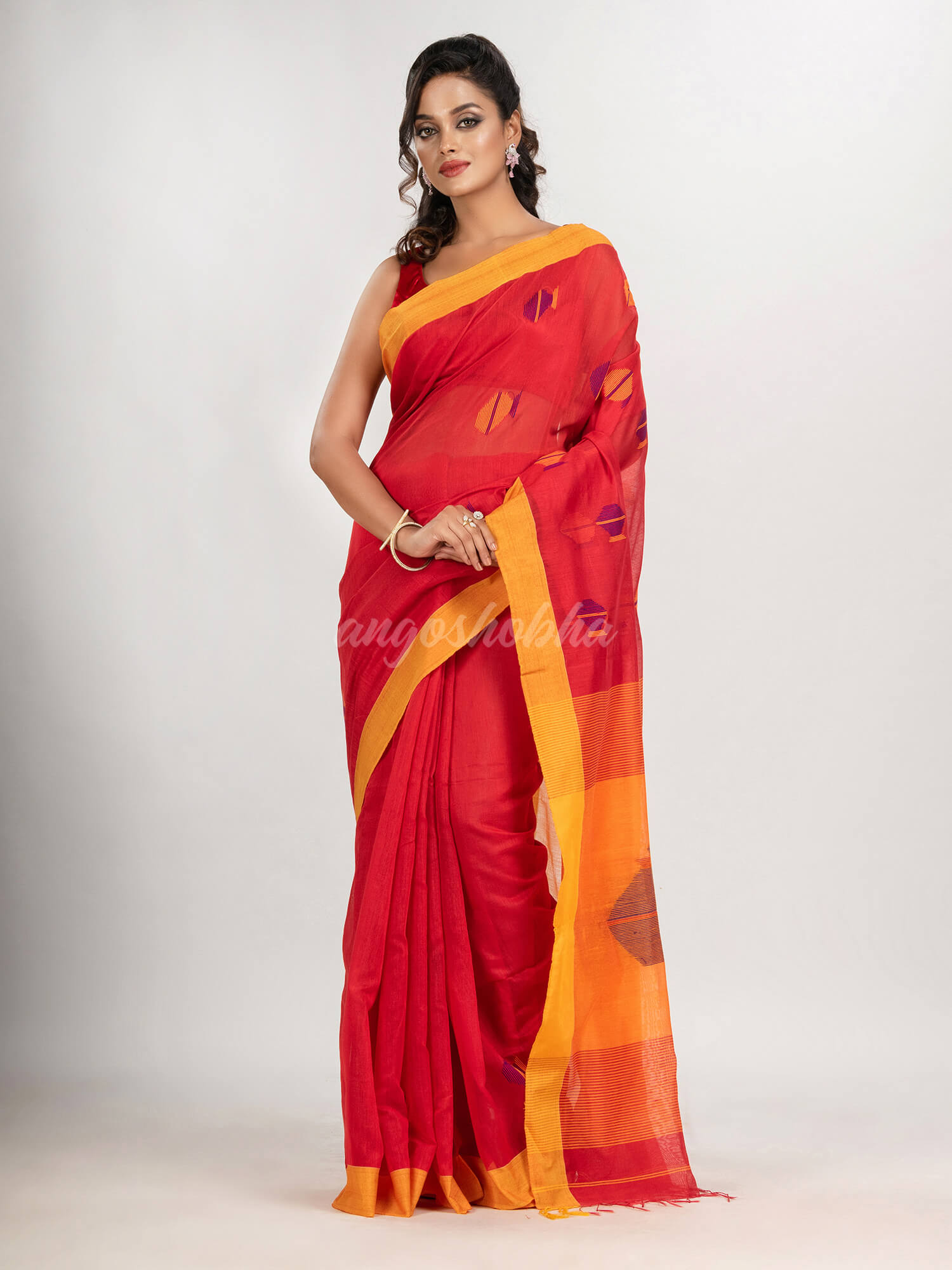 Red cotton blend all body noddle motive with yellow pallu jamdani saree