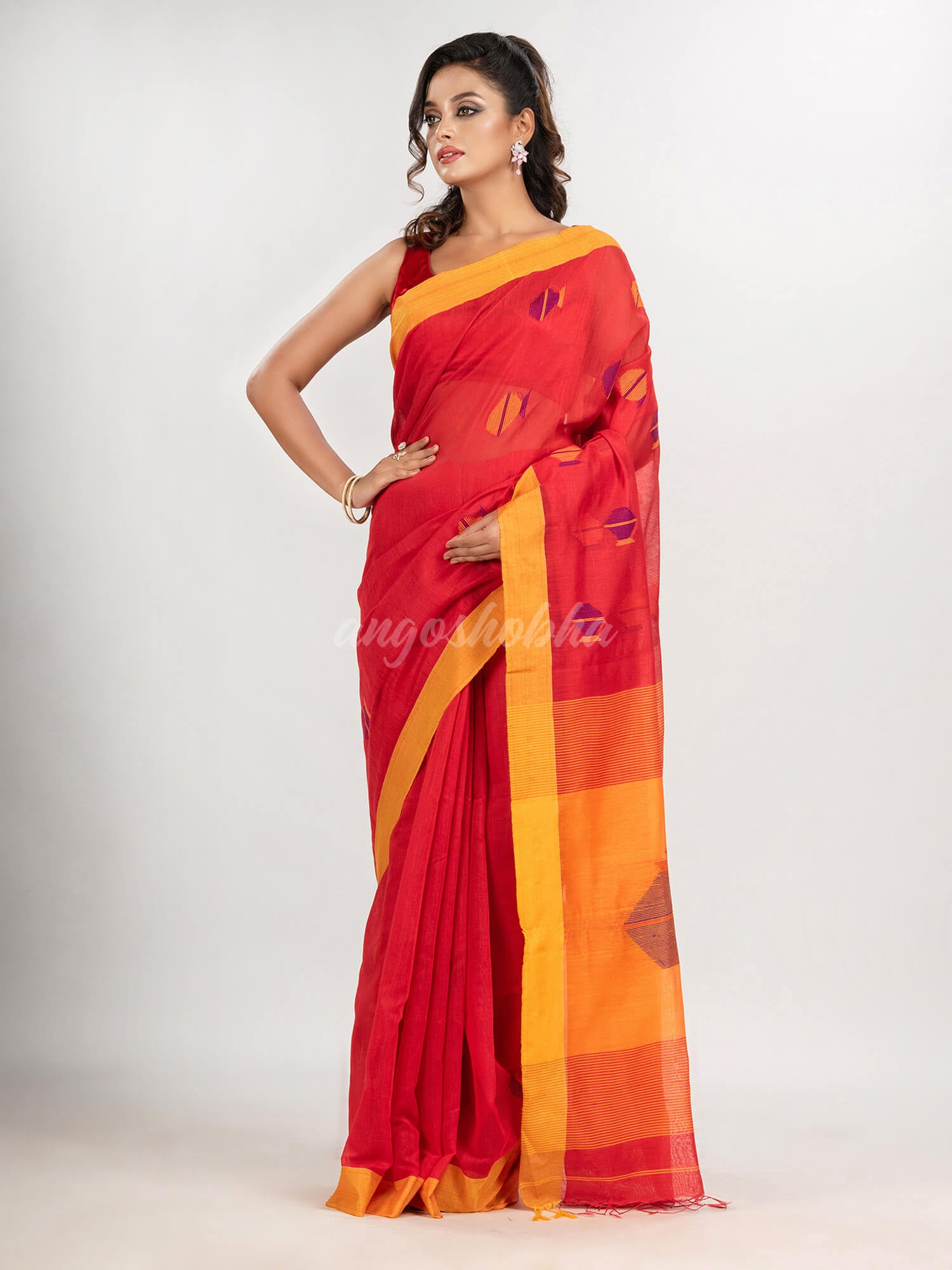 Red cotton blend all body noddle motive with yellow pallu jamdani saree