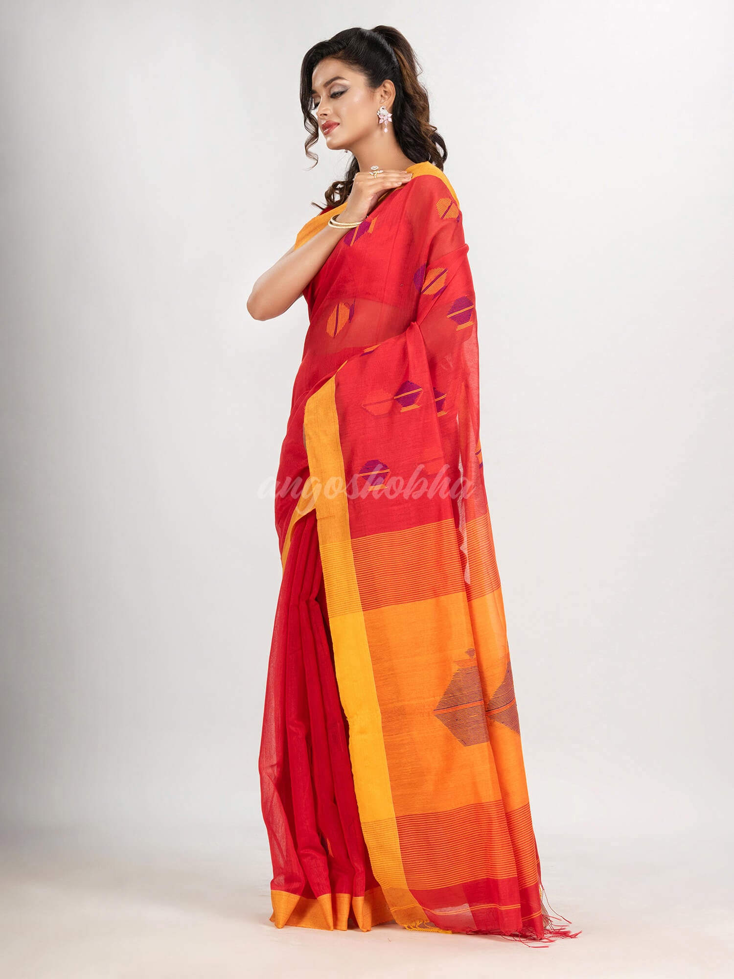 Red cotton blend all body noddle motive with yellow pallu jamdani saree