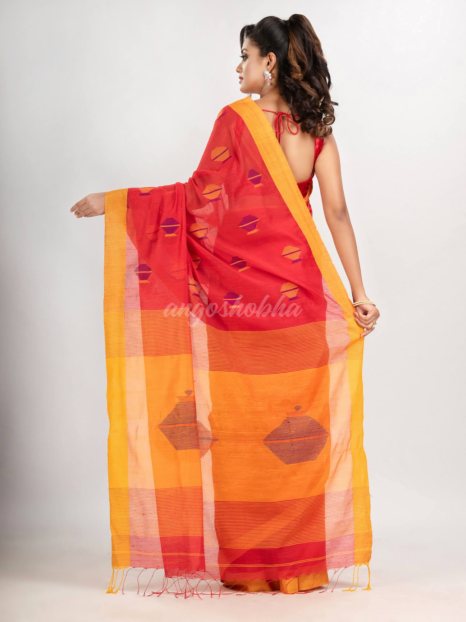 Red cotton blend all body noddle motive with yellow pallu jamdani saree