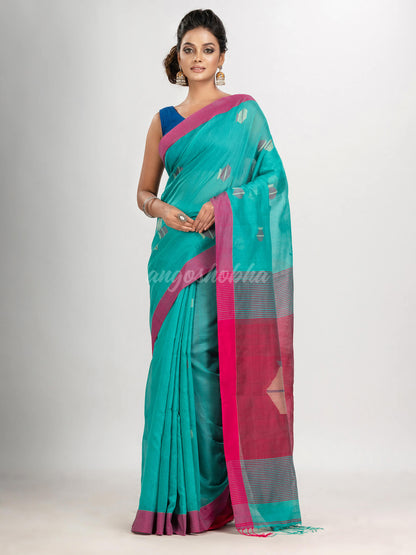 Turquoise cotton blend all body noddle motive with rani pallu jamdani saree