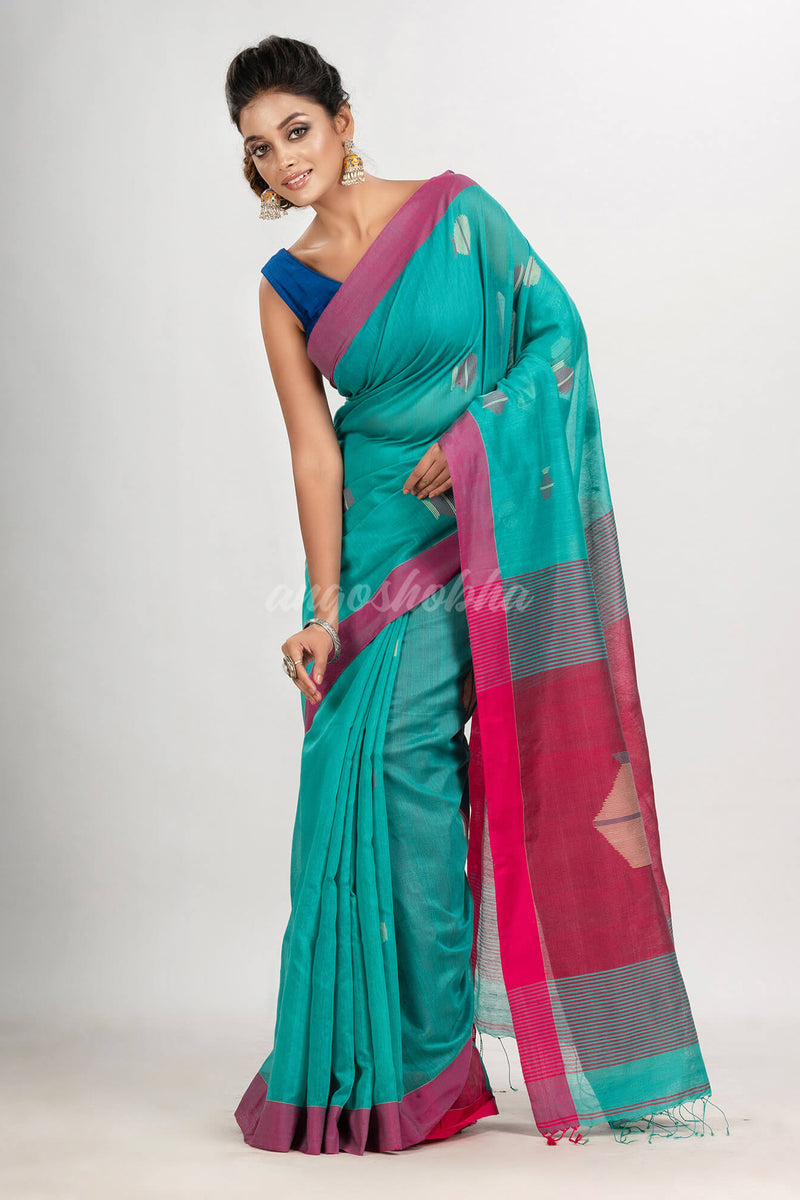 Turquoise cotton blend all body noddle motive with rani pallu jamdani saree